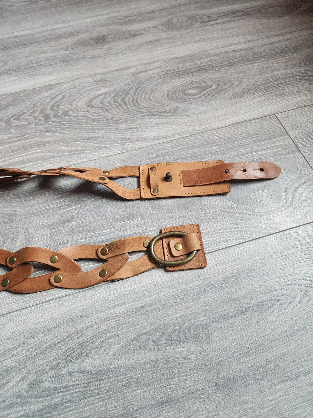 Chunky Tan Linked Loop Leather Belt w/ Brass Studs & Ring - Western Boho Braid